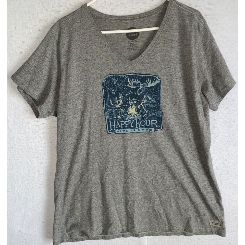 Life is Good Crusher Tee Shirt Mens XL Gray Happy Hour Camp Deer Animal Outdoors